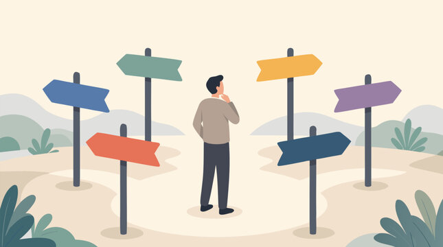 Faceless person standing and choosing between multiple directional signposts, flat vector illustration symbolizing decision making, career paths, and life choices on a light background.