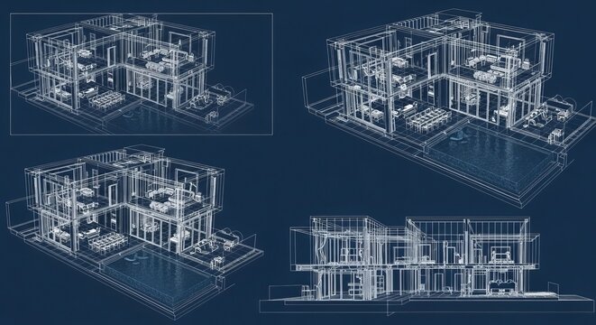 Architectural blueprint of modern house with four views shown