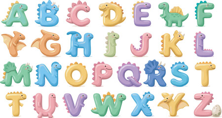 Cute dinosaur alphabet vector font set with funny colorful cartoon dino characters from A to Z for kids education isolated on white background © Sukhi
