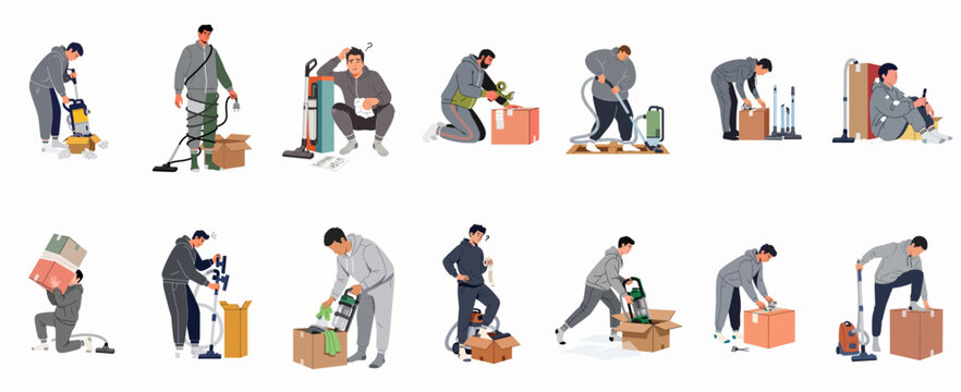 Vector illustration set featuring a young man packing, unpacking, and using vacuum cleaners during a move or household cleaning process.