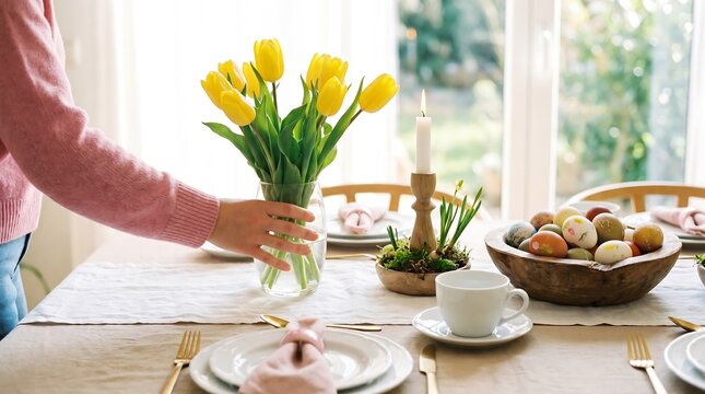 Easter table setting with yellow tulips and decorated eggs
