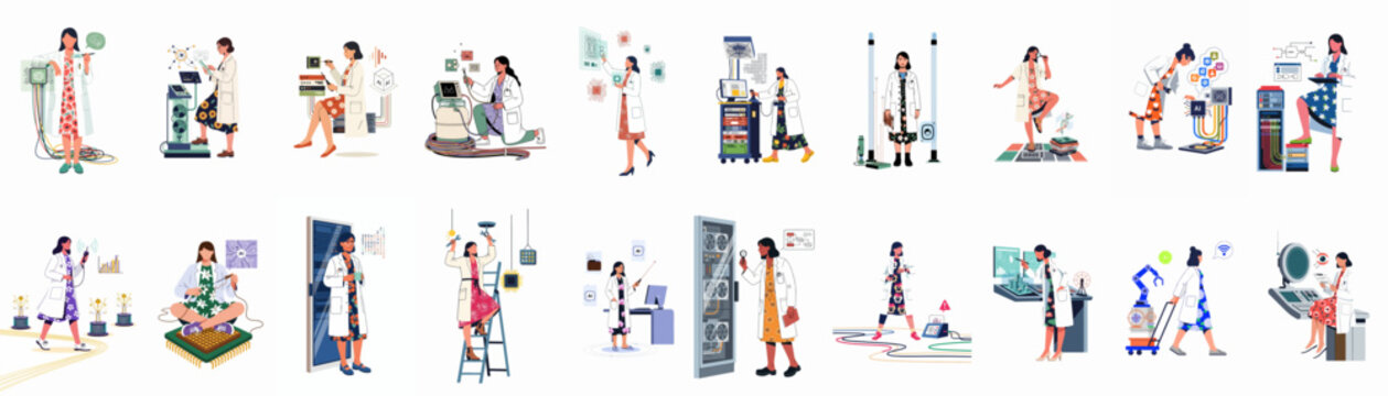 Collection of female scientists and engineers working with artificial intelligence, big data, and advanced technology in various laboratory settings.