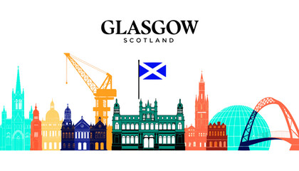Obraz premium Vector illustration of Glasgow skyline in colorful silhouette, with “GLASGOW” text, on white background, modern city identity and tourism design