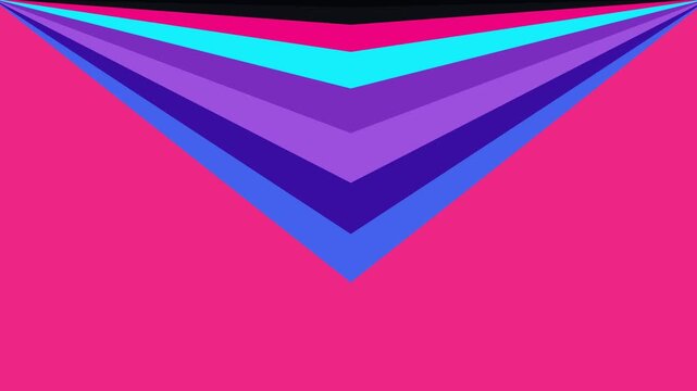 Abstract neon bands extend upwards in a vibrant pink and purple geometric V shape over a dark background creating a dynamic motion title graphic