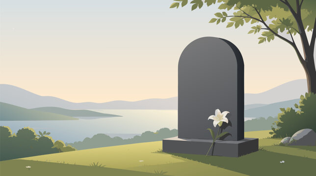 Blank grave headstone with a single pink flower on green grass, flat vector illustration of a tombstone in a peaceful cemetery, memorial and remembrance concept for funeral or history.
