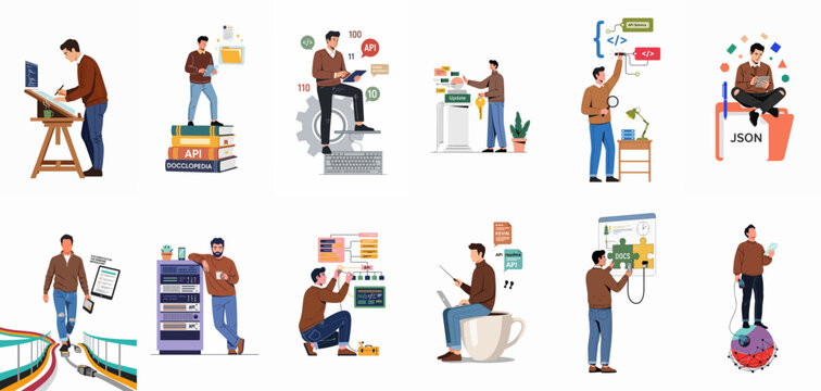 Collection of Flat Style Illustrations Featuring a Developer Working on API Documentation, Coding, Networking, and Software Development Tasks.