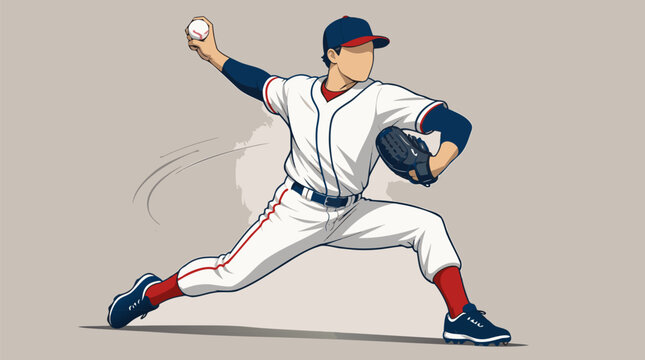 Powerful faceless baseball pitcher athlete in motion throwing a ball during a game, flat vector illustration of professional sports player on light background for athletic competition and teamwork.