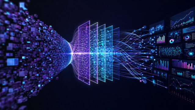 Global digital network connection concept with glowing points and lines connecting across a dark background representing big data exchange, high-speed telecommunications, and global connectivity.
