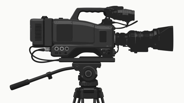 Professional high definition broadcasting television camera on a tripod used for live news production and film making, captured in a detailed flat vector illustration on a clean light background.