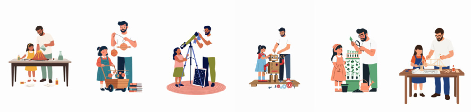 Set of illustrations showing a father and daughter engaging in diverse STEM education activities, from building robots to exploring astronomy and science experiments.