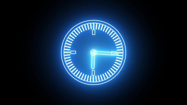 Glowing neon clock icon animation blue color on a black background.
