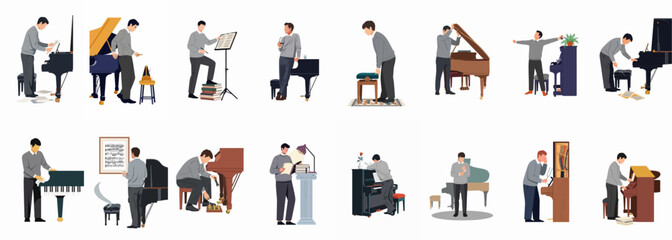 Collection of flat vector illustrations of a male pianist and technician performing various tasks like playing, tuning, cleaning, and composing on pianos. © Renzo