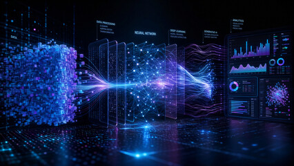 Fototapeta premium Futuristic abstract big data visualization with glowing blue digital particles and complex network connections representing global information flow and high-speed internet technology concept.