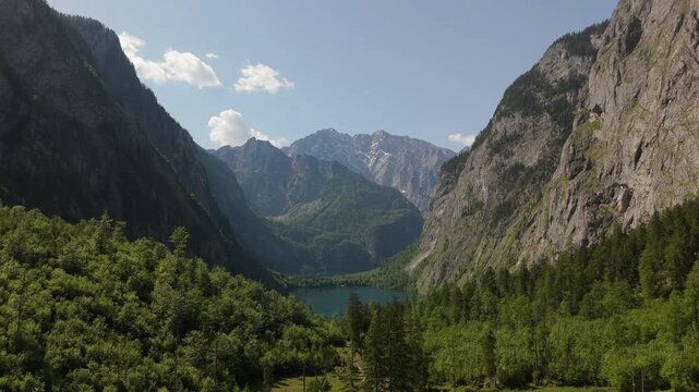 Obersee Mountain Peak and Lake Aerial Push In Berchtesgaden Germany