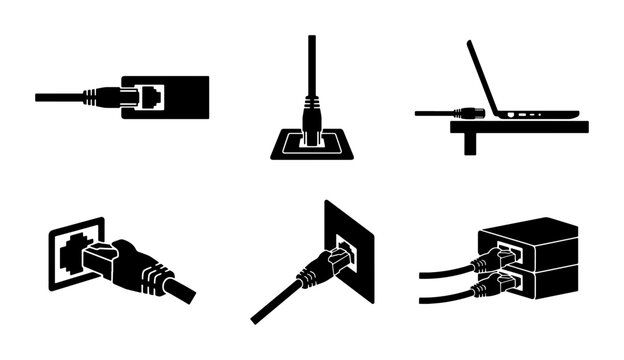 Ethernet Cable Connection Icons, Network Plug Insertion, Internet Port Setup, Technology Connectivity