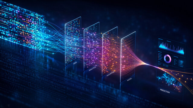 High-tech digital data concept featuring glowing orange and gold circuit patterns and binary code streams over a dark background, illustrating artificial intelligence and machine learning logic.