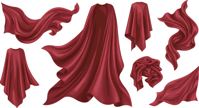 Red silk fabric drapes vector set with blowing superhero cape flowing satin curtains and realistic textile folds isolated on white background