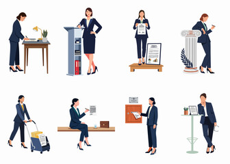 Fototapeta premium Flat illustration set of professional businesswomen in suits signing contracts, handling legal documents, and managing office tasks in various corporate scenarios.