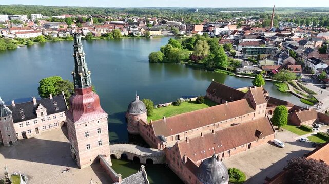 Aerial view of Frederiksborg Castle courtyard and lake, Hillerod, Denmark