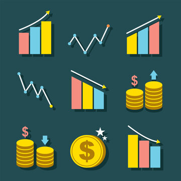 Illustrations of financial growth and decline with bar charts line graphs and money stacks