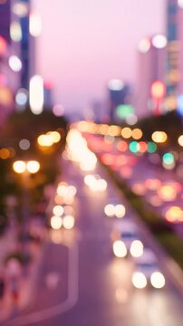 A Captivating Evening Cityscape: Blurred Lights and Traffic Create an Enchanting Urban Atmosphere at Dusk, Showcasing the Vibrant Energy of City Life