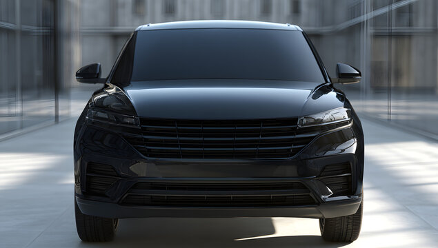 A sunshade for a black vehicle's windshield. Seen from the front.
