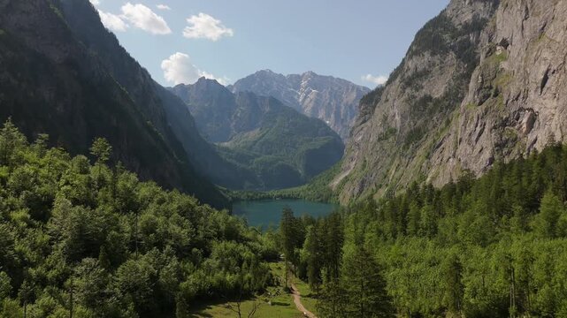 Obersee Emerald Lake Aerial Pullback Reveal Berchtesgaden Germany
