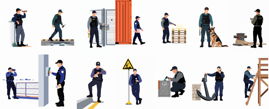 Vector Illustration Set of Port Security Officers and Border Control Guards Performing Duties in a Maritime and Logistics Environment
