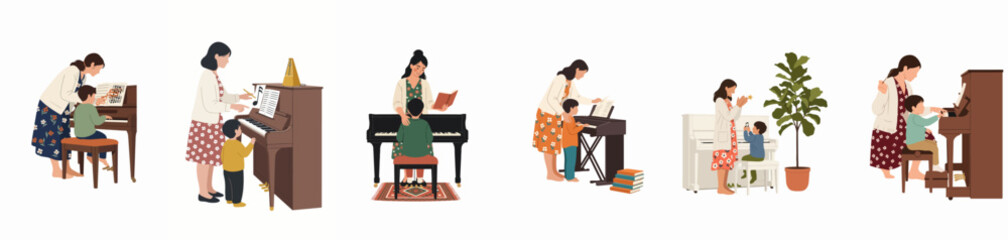 Set of Illustrations Showing a Mother or Teacher Giving Piano Lessons to a Young Boy in Various Home and Classroom Settings © Isabella