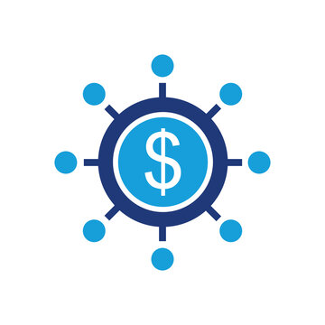 Financial network and decentralized money distribution icon vector. Central dollar coin with connection nodes for digital fintech, banking, and blockchain.