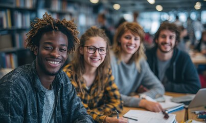 Fototapeta premium Happy Multiracial University Students Studying Together in Modern Library