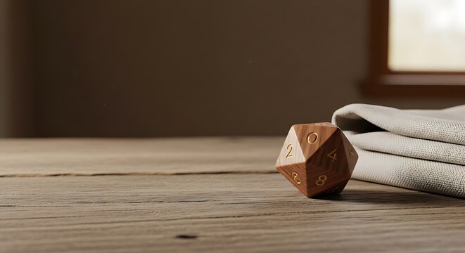 A wooden 20 sided die rests on a rustic farmhouse table next to a folded fabric cloth, capturing a minimalist and aesthetic tabletop gaming atmosphere