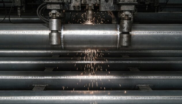 Close medium view of lowfrequency electric resistance welding process creating smooth longitudinal seams on steel pipes with detailed focus on weld bead consistency.