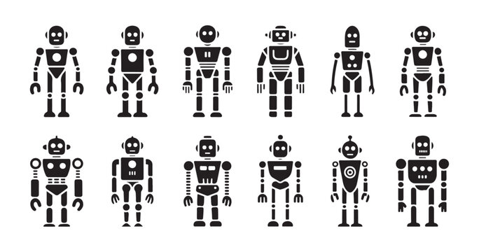 Robot characters collection with vintage mechanical toy silhouettes and various futuristic android shapes.