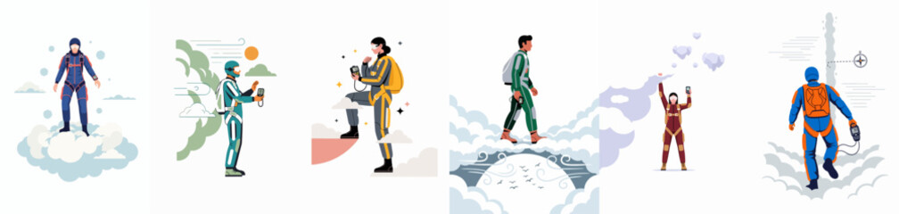 Set of flat vector illustrations featuring skydivers and base jumpers in flight gear using navigation devices among clouds and high altitudes © Lopezda