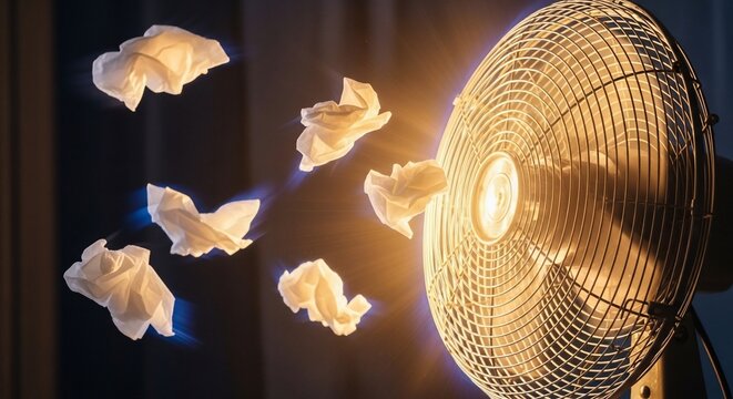 Fan blowing papers illuminated