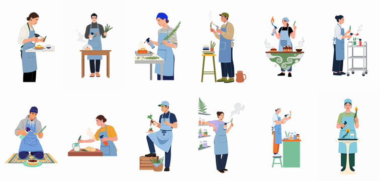 Vector illustration set of diverse people in blue aprons using blowtorches to char rosemary and garnish various gourmet dishes on a white background.