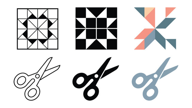 Geometric Quilt Patterns Featuring Scissor Icon for Modern Sewing Textile and Creative Patchwork Graphics