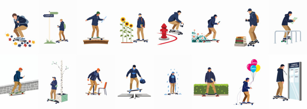 Collection of Flat Vector Illustrations Featuring a Male Student Skateboarding Around a College Campus in Various Seasonal and Daily Scenarios