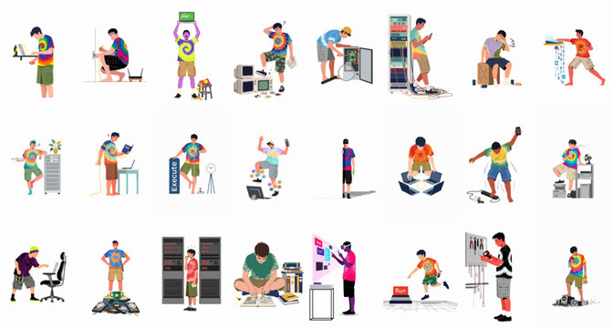 Set of vector illustrations depicting an IT professional in various humorous and stressful technology-related situations like server maintenance, coding, and hardware repair.