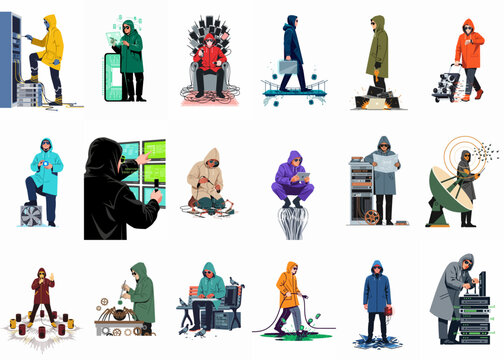 Collection of diverse hacker and cybercriminal character illustrations engaged in various cyber warfare, data breach, and espionage activities in a flat vector style.