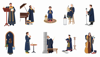 Diverse collection of people in blue ornate robes performing various musical and religious activities, flat vector illustration on white background. © Siji