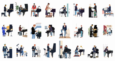 Diverse collection of flat vector illustrations featuring male and female musicians, composers, and pianists interacting with grand and upright pianos in various settings. © Ricardo