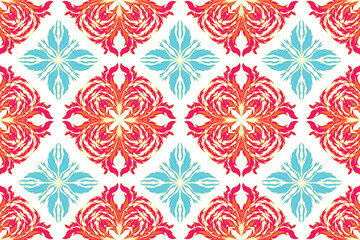 Fototapeta premium Modern vibrant Persian rug seamless pattern. Oriental carpet design with hot pink and cyan baroque medallions for textile, fabric, and home decor.