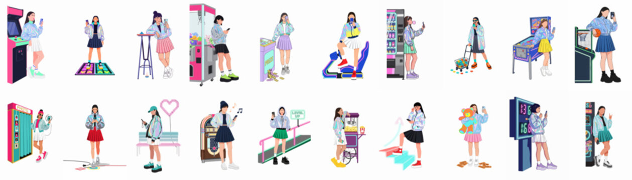 Collection of flat vector illustrations featuring young women in holographic jackets enjoying various activities at a modern arcade and entertainment center.