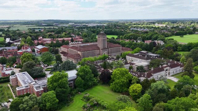 Aerial view of Cambridge University Library and Clare College, Cambridge, UK