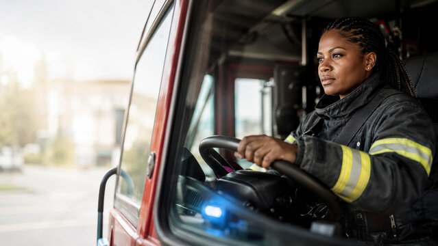 A female firefighter drives a fire truck with a focused expression and hands on the wheel. She wears turnout gear and sits in the driver&rsquo;s seat with emergency lights visible.
