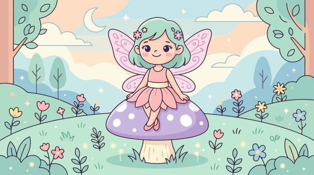 Cute fairy sitting on a mushroom in a whimsical pastel forest landscape