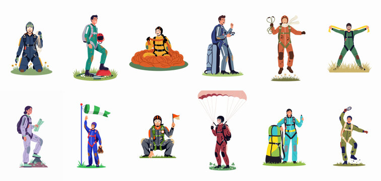 A diverse collection of cartoon skydivers and parachutists in various active poses featuring colorful gear for extreme sports and outdoor adventures.