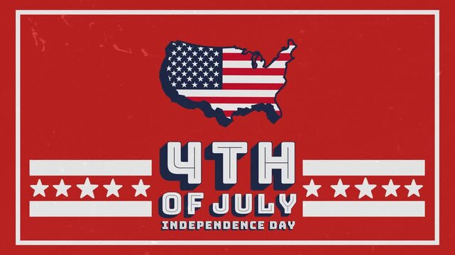 Retro 4K loop for US Independence Day with 1776 text and a flag USA map on red. Ideal for patriotic holiday promos, event displays, social media marketing, and national greetings.